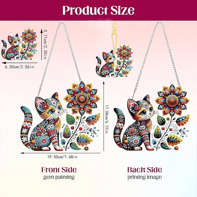 Masendp Hanging Diamond Art Decoration Kit 5D Diamond Painting Kit, DIY Flower and Cat Themed Diamond Art Kit Suitable for Beginners and Adults, Home Wall and Garden Decoration