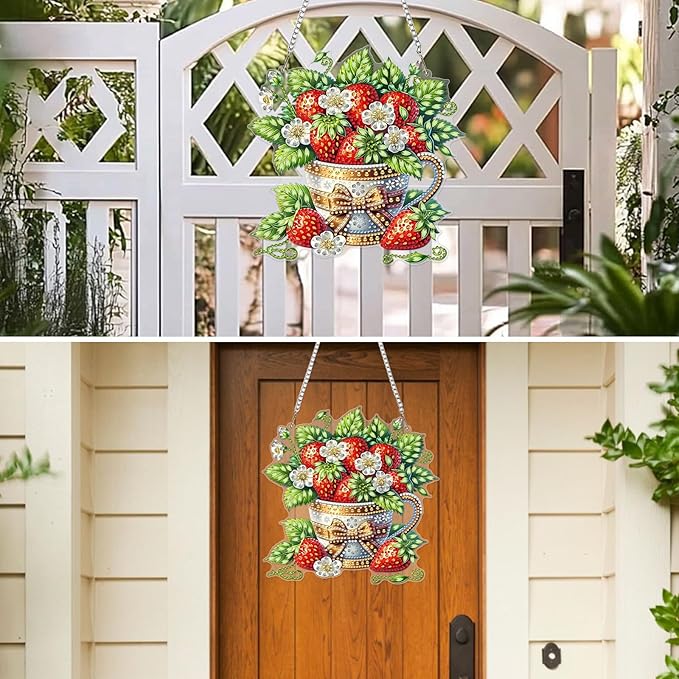 MXJSUA Strawberries Diamond Painting Art Window Suncatchers, Diamond Art Kits for Adults Hanging Ornaments with Chain, 5D Special Shape Crystal Diamond Pendant Accessories for Decor Gift 8x8 Inch