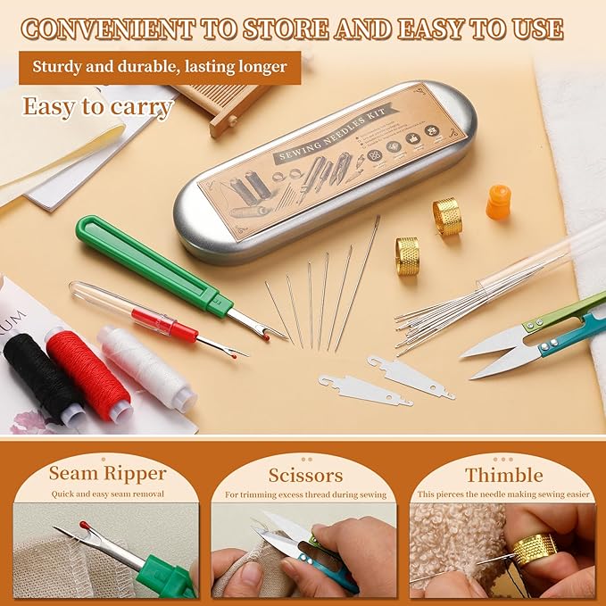 42 PCS Big Eye Steel Sewing Needles Kit, 6 Size Steel Needles for Hand Sewing, Needle and Thread Sewing Kit with Seam Ripper, Threader, Storage Box Supplies for Repairing Quilting Embroidery Crafts