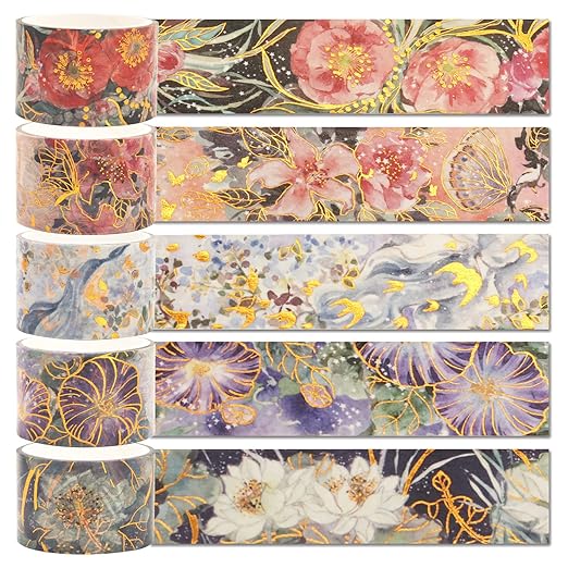 YUBBAEX Blooming Washi Tape Set Gold Foil Masking Tape Peony Wide Decorative for Arts, DIY Crafts, Journal Supplies, Planners, Scrapbook, Card/Gift Wrapping -25mm- (Purple Flowers)