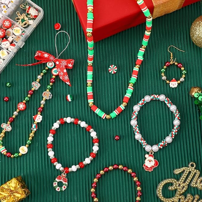 UPINS 2100PCS+ Christmas Bracelet Making Kit, Christmas Red Green White Gold Clay Beads for Friendship Jewelry Making Holiday with Xmas Charms
