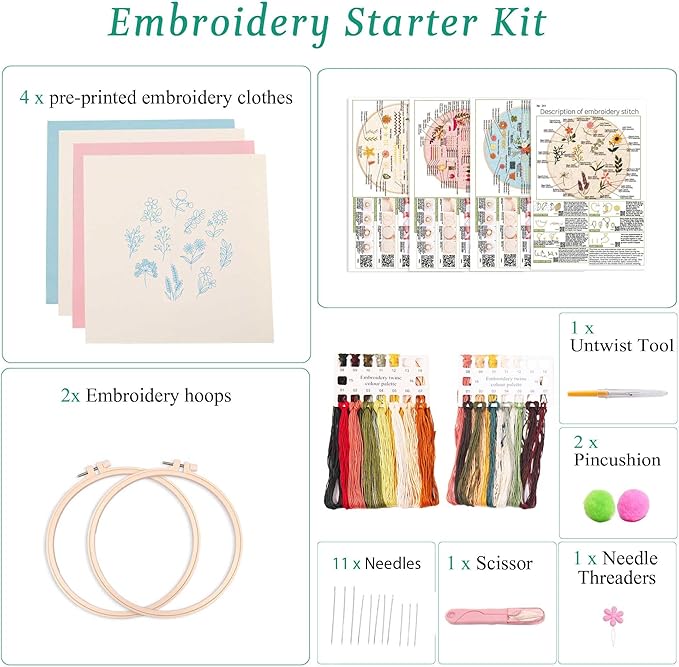 harimau 4p beginner embroidery kit,natural landscape pattern,cross stitch kits, including stamped embroidery cloth with 2 embroidery hoops, multicolor color threads for embroidery kits