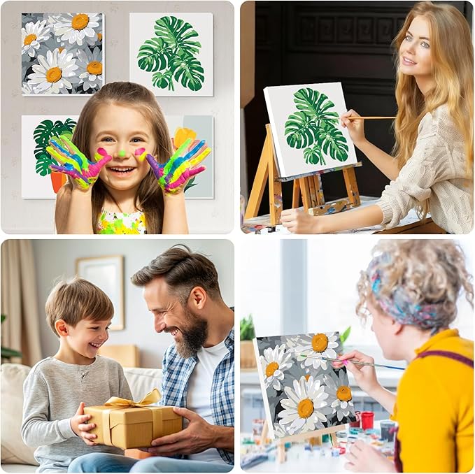 Lxmsja 4 Pack Bold Botanicals Paint by Numbers Kit for Adults, Easy Framed Paint by Numbers for Adults Beginner, DIY Acrylic Oil Painting Craft Kits for Home Wall Decor 8x8 inch