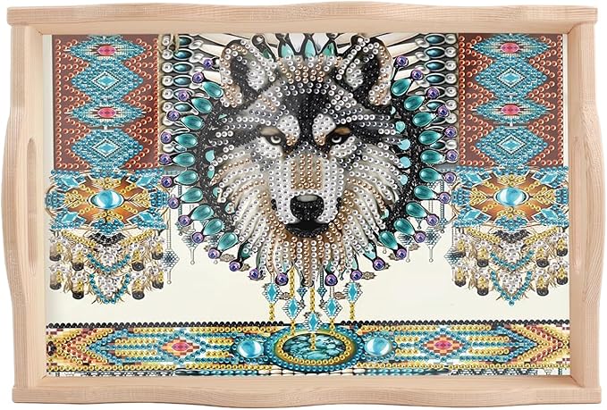 DIY Diamond Art Tray with Handle Diamond Art Painting Plate Creative Design Handmade Wooden Tray Mosaic Making Kits by Number Kits Diamond Art for Coffee Living Room Home Organizer (Dreamcatcher Wolf)