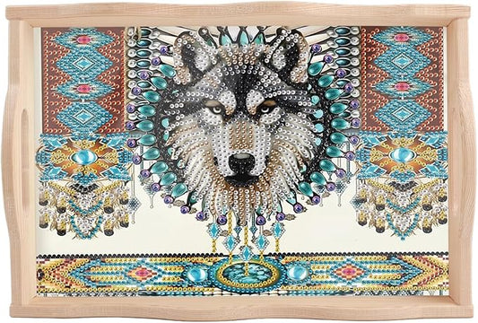 DIY Diamond Art Tray with Handle Diamond Art Painting Plate Creative Design Handmade Wooden Tray Mosaic Making Kits by Number Kits Diamond Art for Coffee Living Room Home Organizer (Dreamcatcher Wolf)