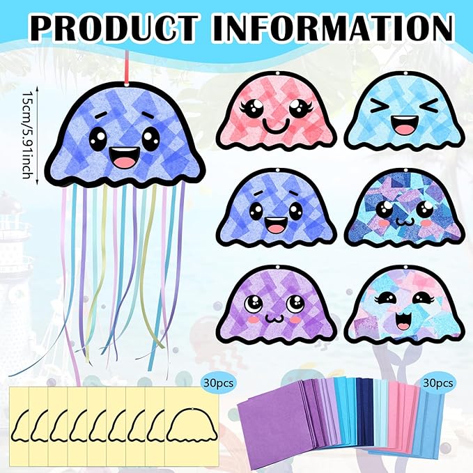 Yaomiao 30 Set Jellyfish Suncatchers Paper Crafts Summer Kit DIY Jellyfish Shaped Stained Glass Effect Tissue Paper Hanging Suncatchers for Ocean Mermaid Under The Sea Birthday Party Favor