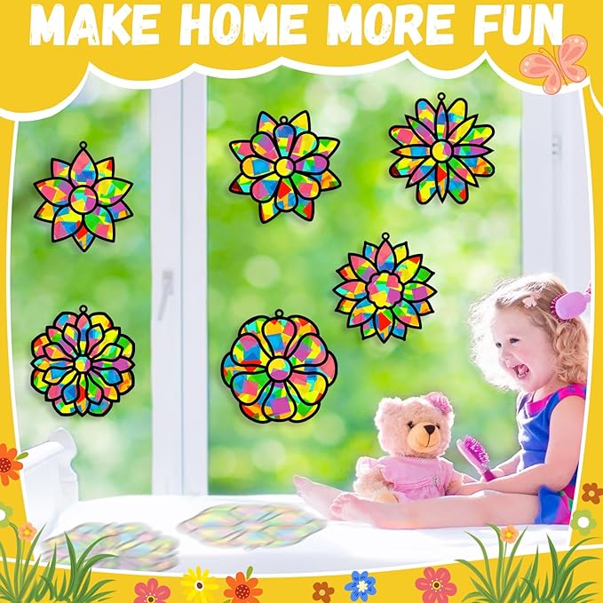 Lonfliness 32 Sets Spring Lotus Suncatchers Craft Kit DIY Window Stained Glass Effect Colorful Lotus Paper Crafts Home School Classroom Decoration Birthday Gift Creative Art Project & Activity Game