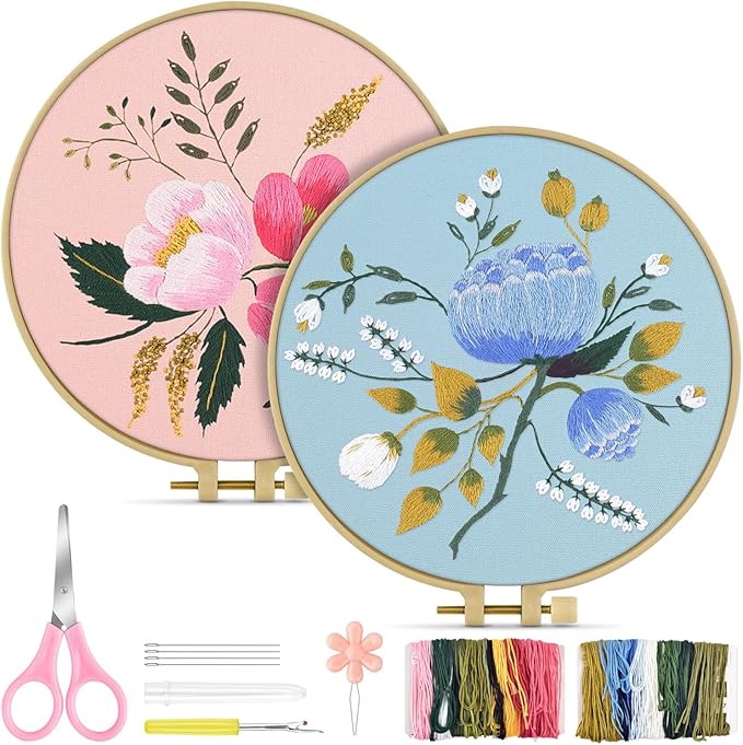 TINDTOP Embroidery Kit for Adult, Owl Embroidery Kit for Beginners Include Embroidery Cloth Hoops Threads for Craft Lover Hand Stitch with Embroidery Skill Techniques (Flower)