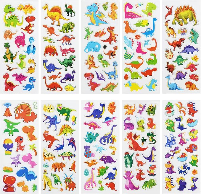 24 sheets(400+) dinosaur 3d puffy stickers for toddlers kids, bulk preschool sticker sheets for reward, craft, scrapbooking