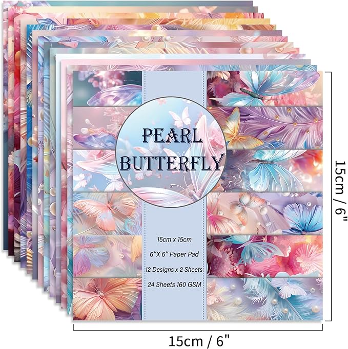 6x6" 160gsm cardstock Single Sided Scrapbooking 24 Papers Pad vintage decoupage scrapbook kit patterned paper junk journal supplies journaling supply scrap paper crafting.Pearl Butterfly