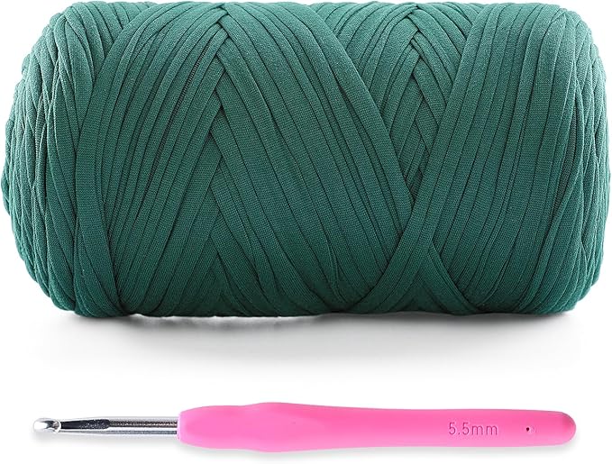 Soft T-Shirt Yarn for Crochet, T Shirt Yarns for Crocheting Crafts, Bags, Basket, Coaster, Tshirt Yarns - 400 g/130 yds with 1 Crochet Hook (1, Black Green)