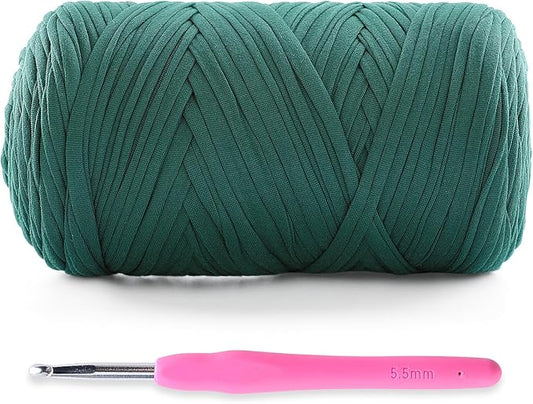 Soft T-Shirt Yarn for Crochet, T Shirt Yarns for Crocheting Crafts, Bags, Basket, Coaster, Tshirt Yarns - 400 g/130 yds with 1 Crochet Hook (1, Black Green)