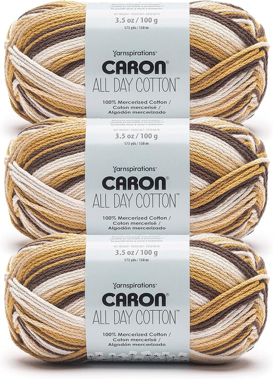 Caron All Day Cotton Chipping Sparrow Yarn - 3 Pack of 100g/3.5oz - 100% Mercerized Cotton - #4 Worsted (Medium) - 173 Yards - Knitting/Crochet