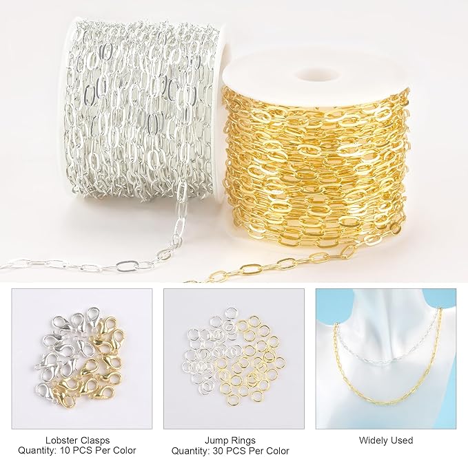 Kyutong 32.8 Feet Gold and Silver Jewelry Making Chains 2 Rolls Paperclip Chain Necklace with Clasps for Women DIY Jewelry Crafts