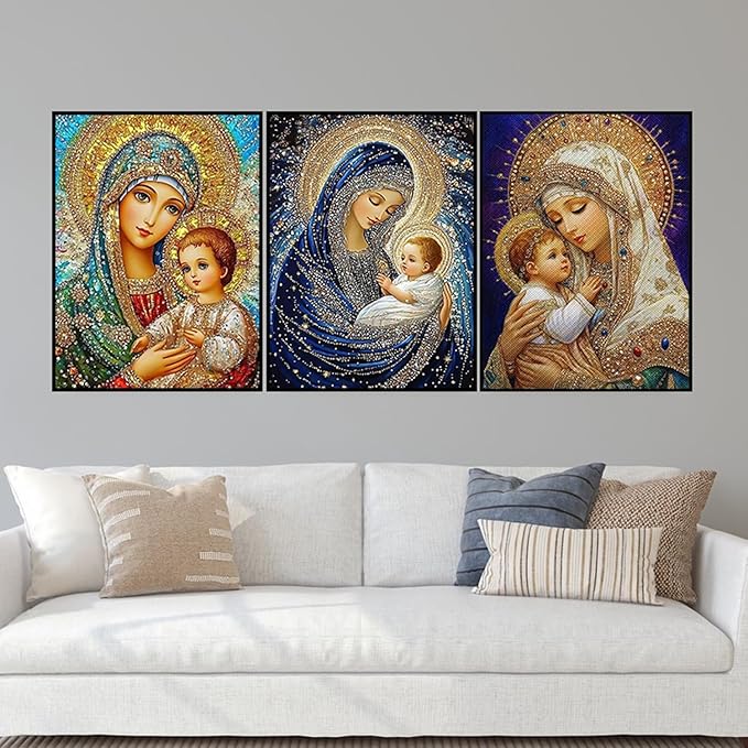 CHWGLFGG 5D Diamond Art Kits for Adults Beginners, 3 Pack Virgin Mary Diamond Painting Kits, DIY Full Round Drill Paint by Diamonds Dot Gem Art for Adults, Home Wall Decor 12x 16 Inch