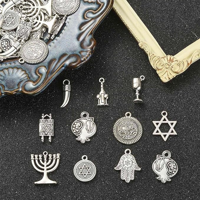 DanLingJewelry 100Pcs 10 Styles Tibetan Religion DIY Bracelet & Necklace Making Kit With Temple Menorah & Star of David Charms