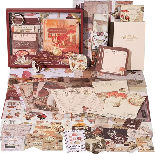 joychoic vintage journaling kit, mushroom junk journal supplies, brown scrapbooking materials, large aesthetic scrapbook collection for women, arts craft, adults daily