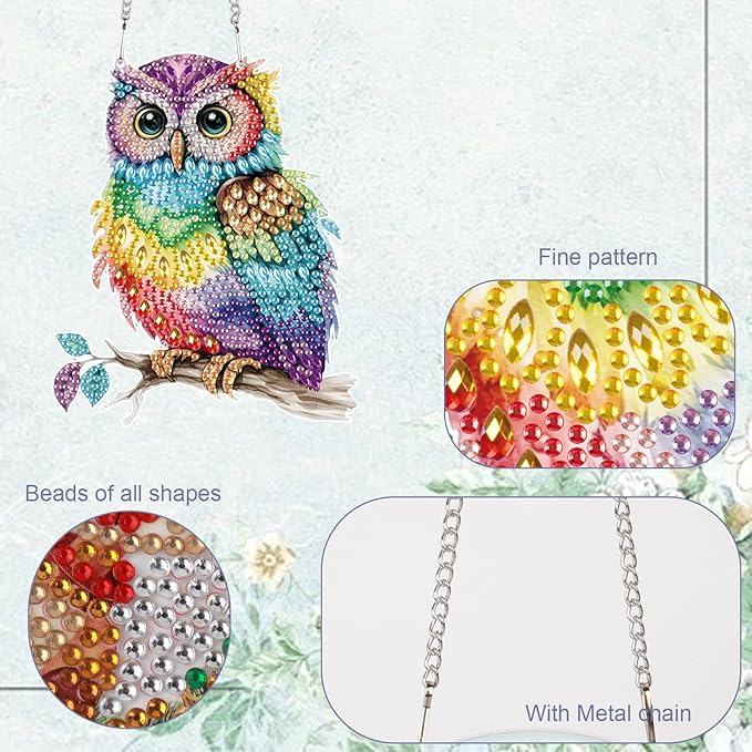 TDFERAN Diamond Painting Pendant DIY Colorful Owl Diamond Art Hanging Artwork Decoration Kit Garden Window Handmade Hanging Ornaments, Adult Painting Craft Gem Pendant Wall Home Decor