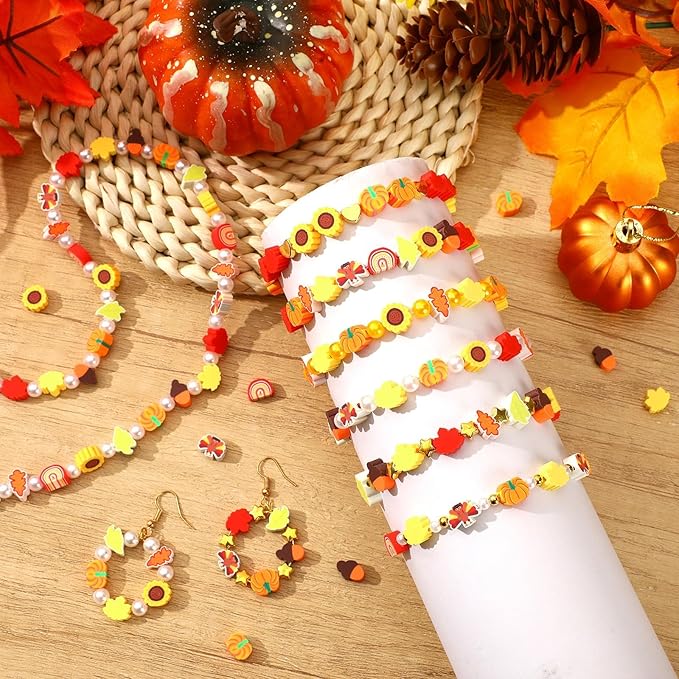 Augshy 300Pcs Fall Clay Beads,Thanksgiving Autumn Polymer Clay Beads for Jewelry Making Fall Colored Bracelet Making Kit Maple Leaves Pumpkin Pine Cone Turkey Bead for Bracelets Necklaces Earrings