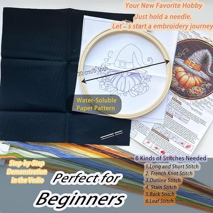 FONNUY Pumpkin Embroidery Kit for Beginners, Pre-Stamped Pattern Kits for Adults with Hoop, Easy to Follow Color Thread Needlework, 8'' Hoop (Witch Hat 1)