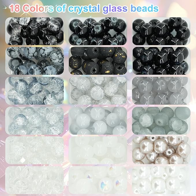 Hanyoung 8mm Glass Beads for Bracelet Punk Style, Black and White 48 Colors 1450 pcs Beads for Jewelry Making kit, Crystal Glass Round Beads for DIY Crafts Gifts (Black & White Color)