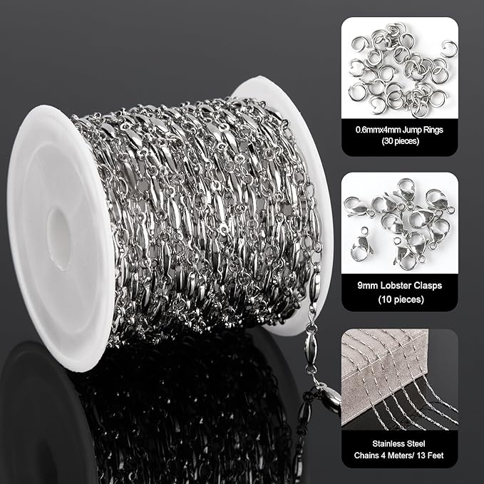 YOUBEIYEE 4 Meters Chains for Jewelry Making Stainless Steel Bar Chain Bulk for Women and Men Necklace DIY Jewelry Making Chain Roll