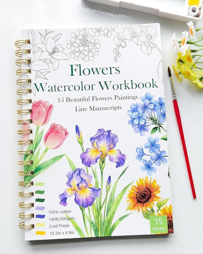 Watercolor Workbook,Water Coloring Book for Adult & Teens Beginners,15 Beautiful Flowers Designs 300gsm Cold Press Cotton Watercolor Paper,Perfect Gifts to Spark Creativity Stress Relief(10.2" x 6.9")