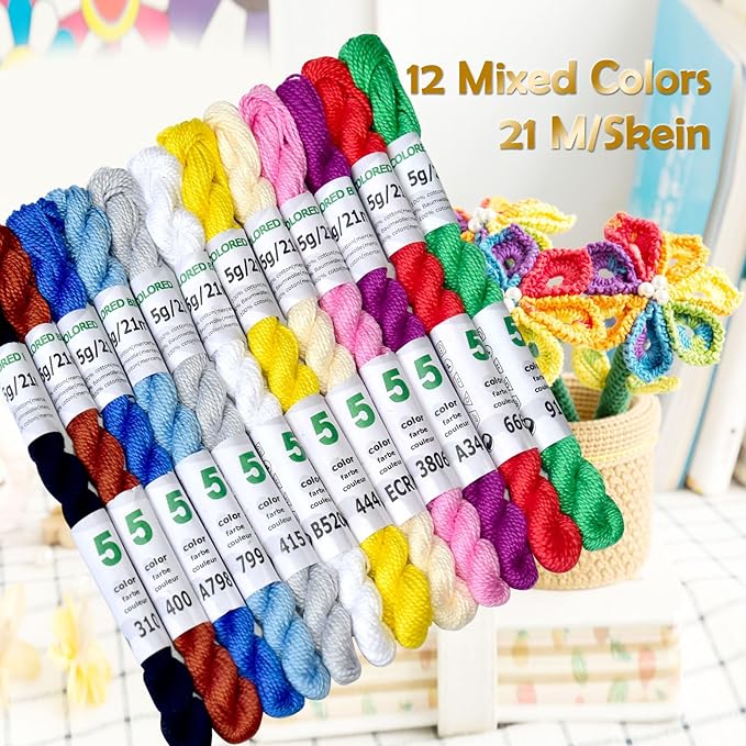 Mercerized Pearl Cotton Crochet Needlepoint Thread,Size 5, 12 skeins,12 Mixed Colors,21 M/Skein