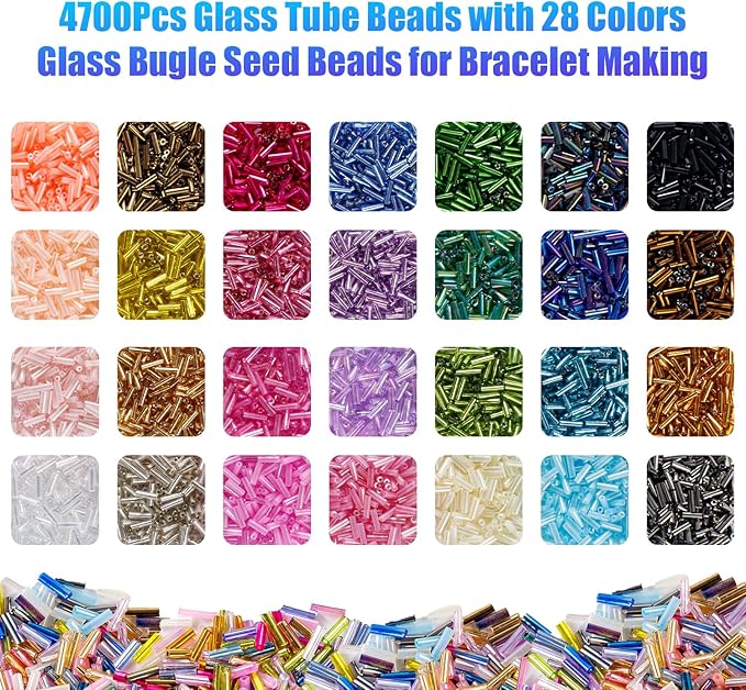 Ybxjges 4800Pcs 7mm Tube Beads Kit with 28 Colors Glass Bugle Seed Beads Small Craft Beads for DIY Bracelet Necklaces Jewelry Making
