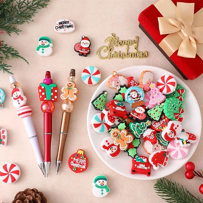 VioraWhite 48 Pcs Christmas Silicone Focal Beads for Beaded Pens Christmas Silicone Beads Charm Keychain Lanyard Kit for Beadable Items Keychains Bracelet Necklace DIY Jewelry Making