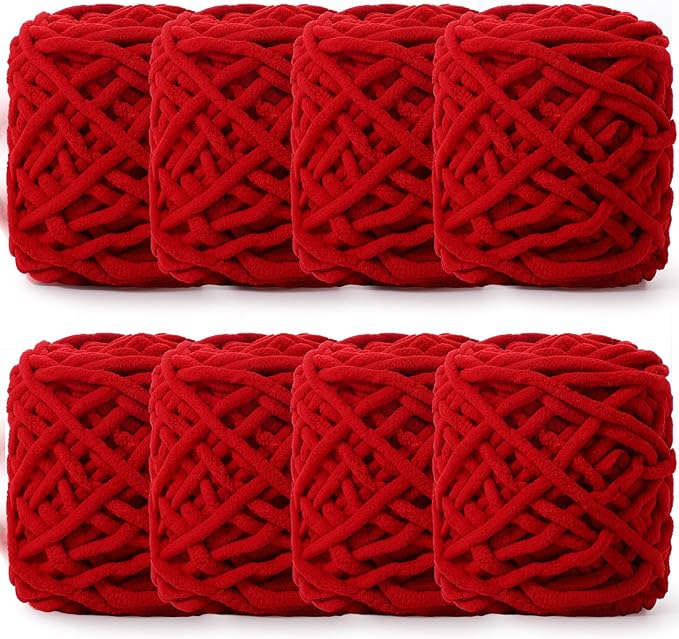 Buryeah 8 Pack Chunky Chenille Yarn for Crocheting Soft Thick Fluffy Yarn for Hand Knitting Bulky Velvet Blanket Plush for Weaving DIY Crafts Each 3.5 oz 55 Yards (Red)