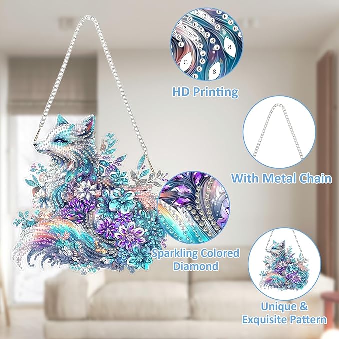 SENQAO Fox Hanging Diamond Art Painting Kits for Adults Beginners, 5D Special Shape Diamond Art Kits, Fox Flower Crystal Rhinestones Diamond Gem Art Painting for Home Garden Wall Decor