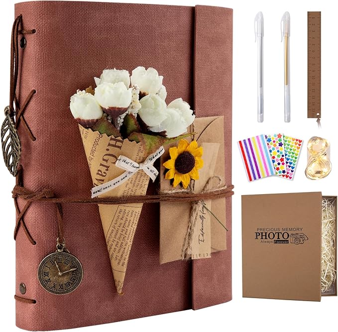 Scrapbook Photo Album - 100 Pages, 60 Self-Adhesive + 40 Kraft Paper, DIY Photo Book for 2x3, 3x5, 4x6, 5x7 Pictures, Leather Memory Book for Wedding, Baby, Family, Travel, Birthday, Christmas