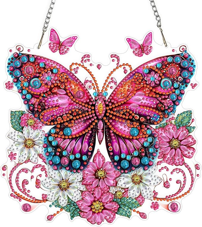 QENSPE Diamond Art Hanging Kits for Adults, 5D Pink Butterfly Special Shape Diamond Paingting Ornaments Kits with Chain, DIY Flowers Crystal Window Pendants for Home Wall Decor Double Sided 8X8 inch
