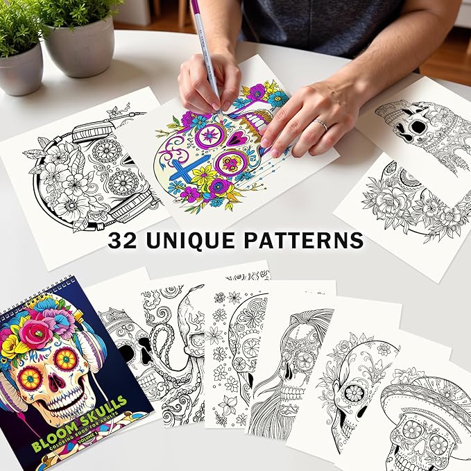 FUN LAVIE Halloween Coloring Book for Adults: Spooky Sugar Skulls and Flowers Patterns for Mindfulness Stress Relief and Adult Relaxation, Spiral Bound, Perfect for Halloween Fun