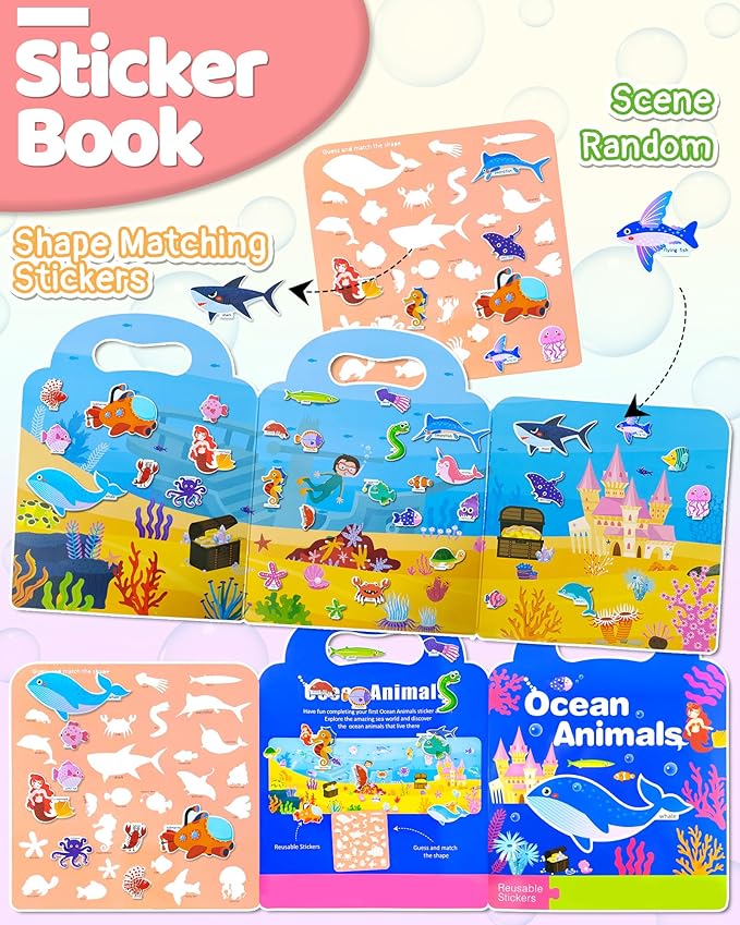 benresive reusable sticker books for kids, sticker books for toddlers, toddler travel toys activities crafts ages 3 and up birthday gifts - ocean
