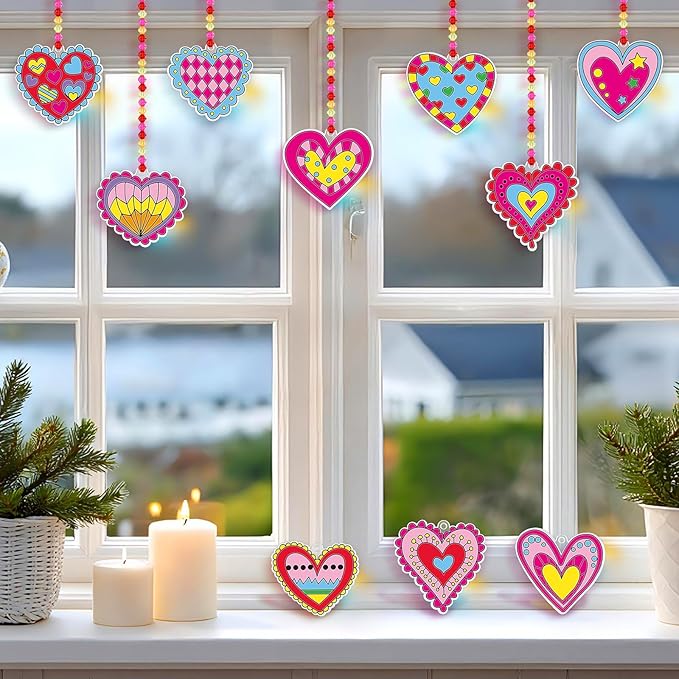 Sonwyoung 30 Sets Valentine's Day Suncatchers Craft Kits, DIY Heart Glow in The Dark Suncatcher Kits Stained Glass Window Paint Art for Valentines Activities Art and Craft Party Favors