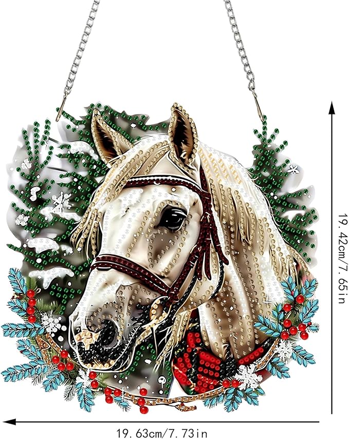 SENQAO Christmas Diamond Art Hanging Kits for Adults, Horse Diamond Art Suncatchers, 5D Special Shape Diamond Painting Pendant Window Ornament Gifts for Home Door Wall Decor