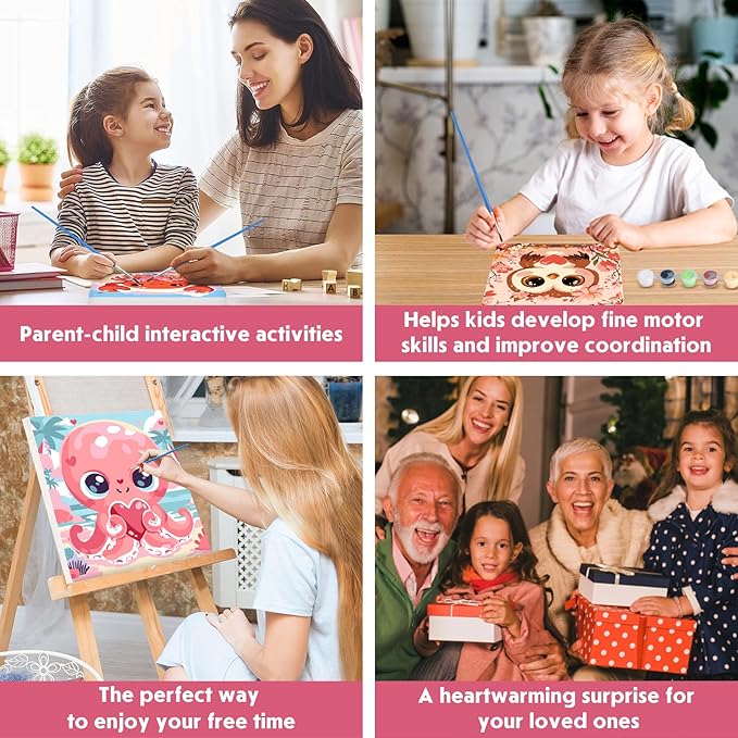 4 Pack Paint by Number for Kids with Wooden Frame, Cute Crab, Pretty Owl, Lion, Octopus Paint by Numbers for Kids Ages 8-12, Cartoon, DIY Acrylic Oil Painting Beginners for Home Wall Decor 8X8 inch