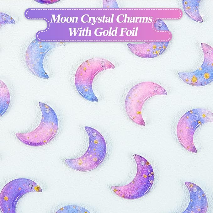 200 Pcs Crystal Charms Moon Pendants Crescent Shape Glass Tiny Hanging Pendants with Gold Foil Small Moon Pendant with Storage Box for Jewelry Making DIY Craft Beads Necklace Earrings, 16 x 11.5 mm