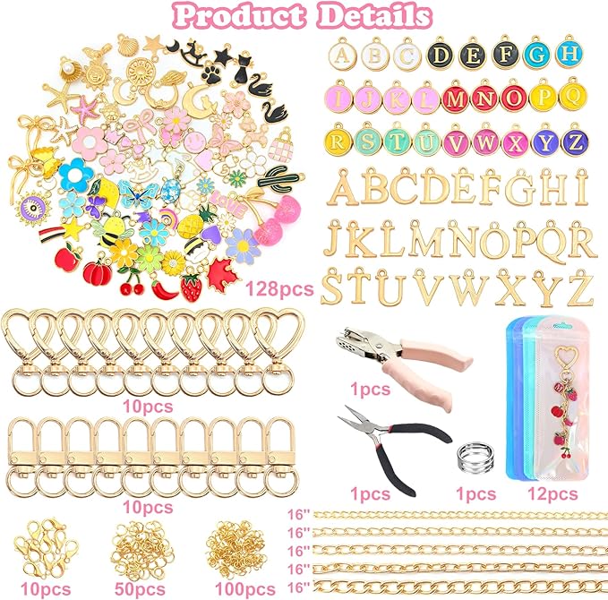 328Pcs Charms Lip Gloss Keychain Making Kit, DIY Keychain Supplies with 128 Charms, 20 Clasps, Jump Rings, Chain, Jewelry Plier, Hole Punch, Bag Charm Kit, Jewelry Making Kit for Crafting Keychains