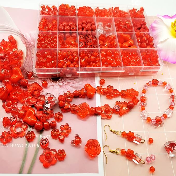 560Pcs Acrylic Red Beads Flower Heart Star Butterfly Pastel Beads Candy Color Assorted Beads Kawaii Bead Round Beads Plastic Beads Bulk for Bracelets Jewelry Making Necklaces DIY Crafts