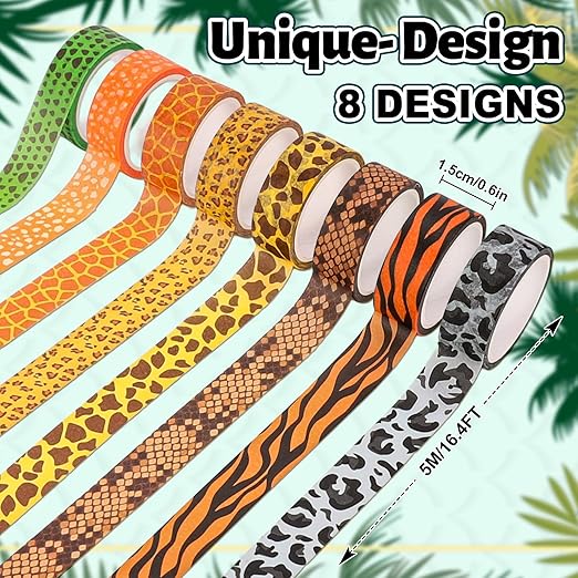 Whaline 8 Rolls Animal Prints Washi Tape Masking Tape Set Jungle Safari Animal Decorative Wrapping Paper Tapes for Scrapbook Journal DIY Art Crafts