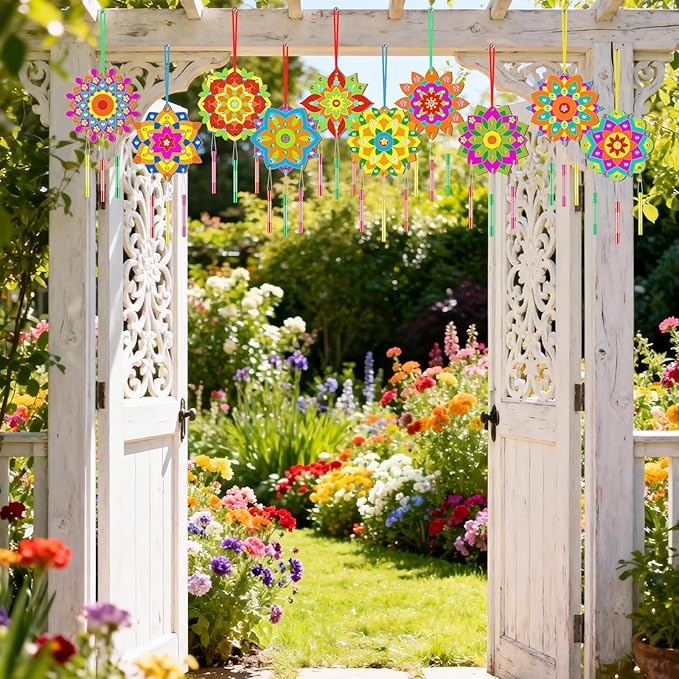 JellyArch 30 Pack Spring Mandala Wind Chime Making Crafts Kit for Adults, Make Your Own Wind Chime Bulk Wooden Hanging Ornaments for DIY Activity Birthday Summer Decoration