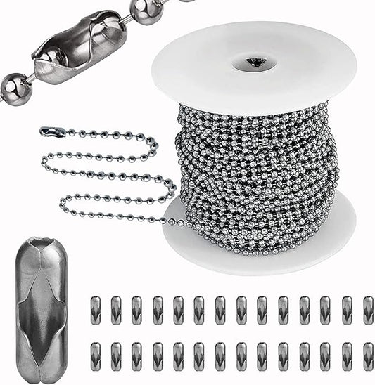 2.4mm Ball Bead Chain, Extra Long 110ft Stainless Steel Necklace Chains,Dog Tag Chain with 200 Connectors Clasps for Jewelry Chain DIY Craft Making,Men Military Keychain Jewelry Making Supplies