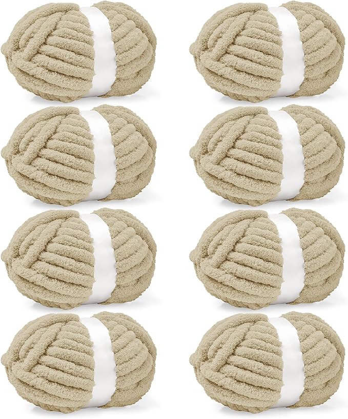 Inhand 8 Pack Chunky Chenille Yarn for Crocheting–30.6 Yards, 7.7oz, Soft Fluffy Thick Yarn,Gifts for Women/Grandma/Men Birthday Christmas Unique,Hand Knitting for Blankets&DIY Crafts (Khaki)