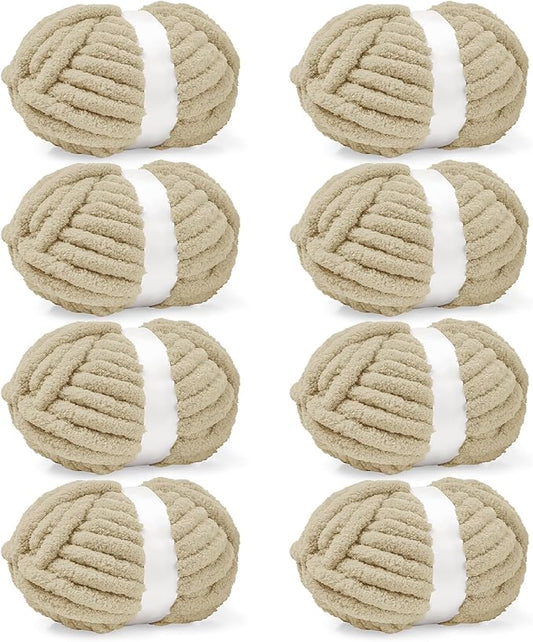 Inhand 8 Pack Chunky Chenille Yarn for Crocheting–30.6 Yards, 7.7oz, Soft Fluffy Thick Yarn,Gifts for Women/Grandma/Men Birthday Christmas Unique,Hand Knitting for Blankets&DIY Crafts (Khaki)
