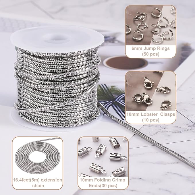 Pandahall 16.4 Ft 2mm Stainless Steel Snake Chains with 50Pcs Jump Ring 10Pcs Lobster Claw Clasps 30Pcs Folding Crimp Ends Jewelry Making Kits for Chain Necklace DIY
