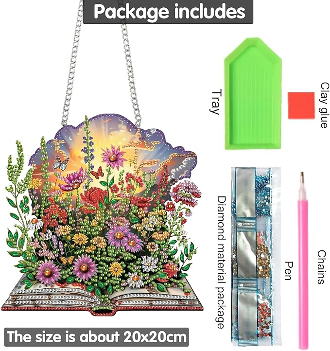 Yomiie Book Flowers Sun Catcher Window Hanging - DIY Double Sided Bouquets Diamond Painting Pendant Kit, Acrylic Diamonds Art Ornament for Front Door Sign & Indoor/Outdoor Garden Decor(8x8 inch)