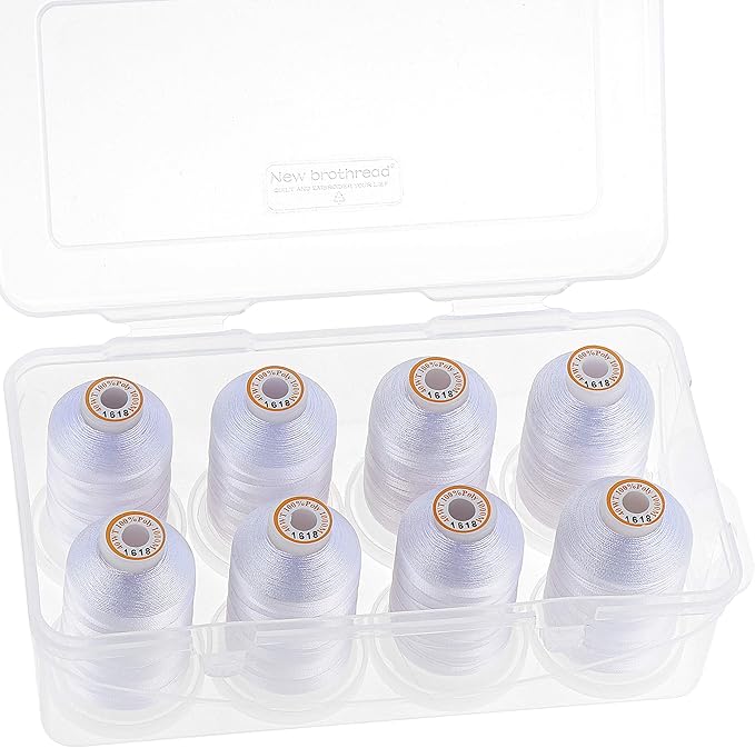 New brothread Polyester Embroidery Machine Thread 1000m Each with Clear Plastic Storage Box for Embroidery & Quilting - 8xSnow White